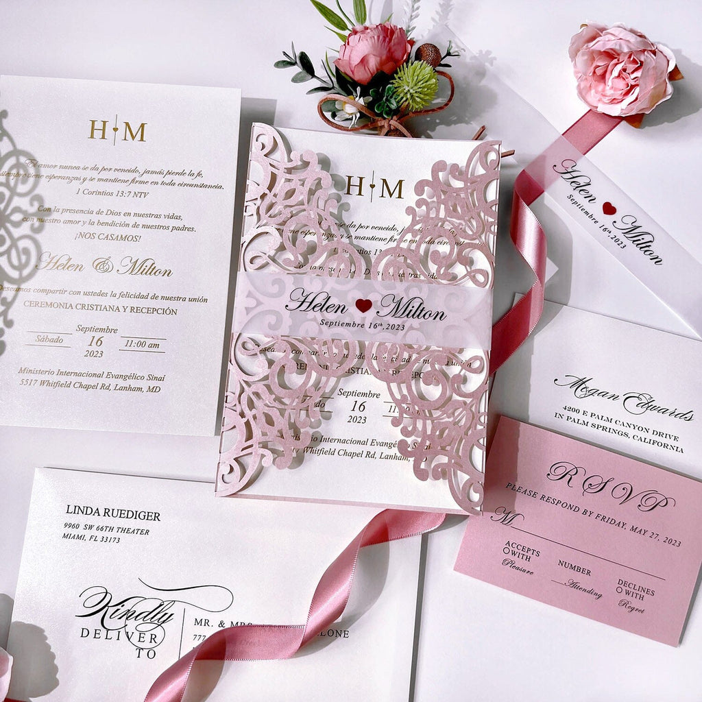 Romantic Pink Laser Cut Wedding Invitations Set, Gate Fold Wedding Invitation with Clear Bellyband, Gold Foil Invitation for Luxury Wedding Theme Wedding Ceremony Supplies Picky Bride 