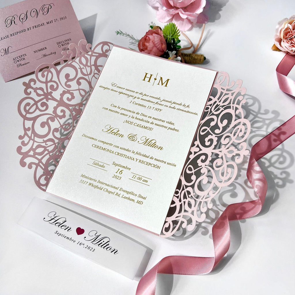 Romantic Pink Laser Cut Wedding Invitations Set, Gate Fold Wedding Invitation with Clear Bellyband, Gold Foil Invitation for Luxury Wedding Theme Wedding Ceremony Supplies Picky Bride 