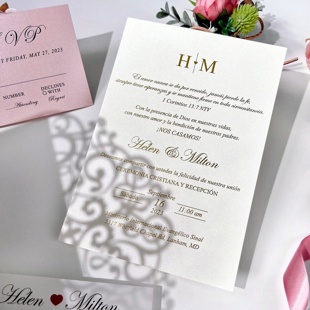 Romantic Pink Laser Cut Wedding Invitations Set, Gate Fold Wedding Invitation with Clear Bellyband, Gold Foil Invitation for Luxury Wedding Theme Wedding Ceremony Supplies Picky Bride 