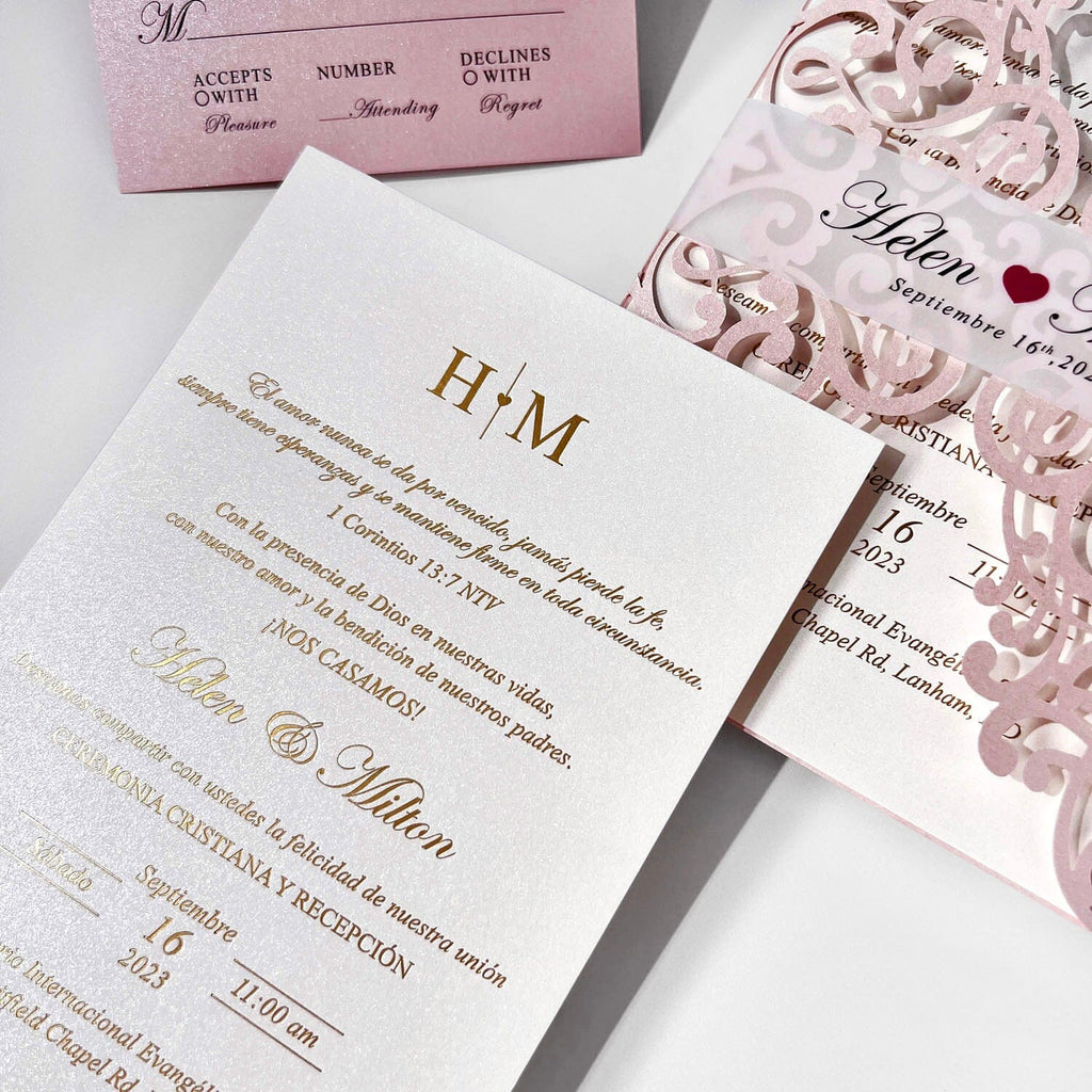 Romantic Pink Laser Cut Wedding Invitations Set, Gate Fold Wedding Invitation with Clear Bellyband, Gold Foil Invitation for Luxury Wedding Theme Wedding Ceremony Supplies Picky Bride 