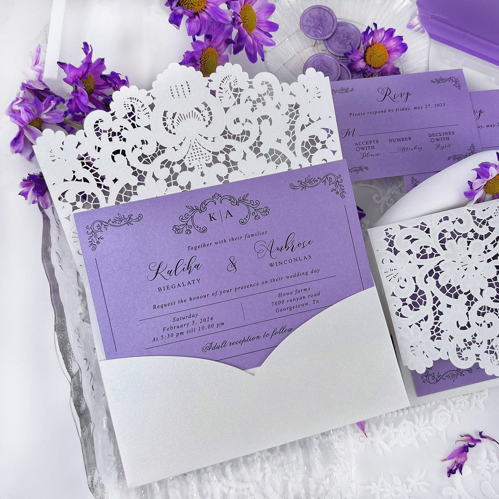 Romantic Purple and White Floral Wedding Invitations, Elegant Lace Laser Cut Pocket Invites, Matched RSVP Wedding Ceremony Supplies Picky Bride 