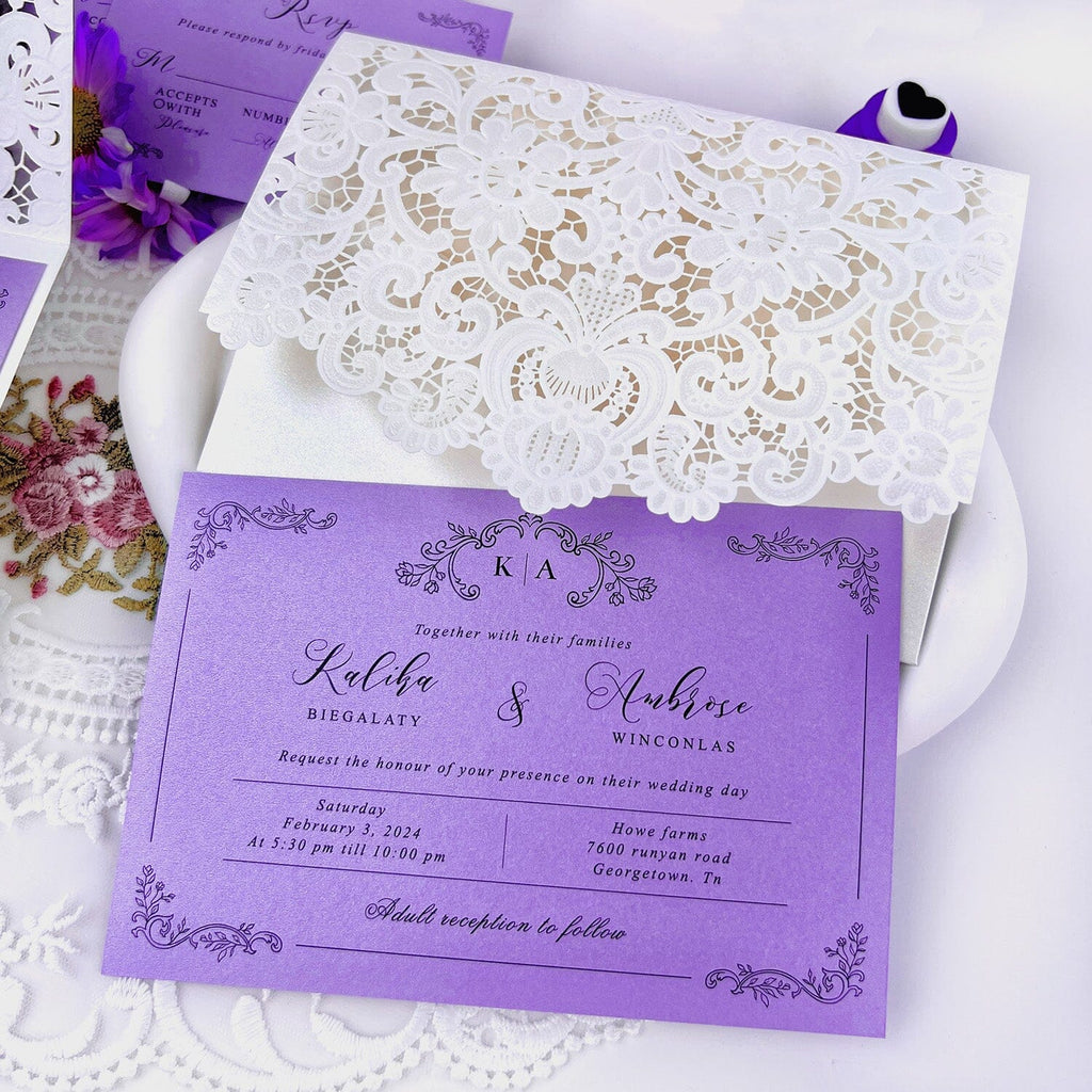 Romantic Purple and White Floral Wedding Invitations, Elegant Lace Laser Cut Pocket Invites, Matched RSVP Wedding Ceremony Supplies Picky Bride 