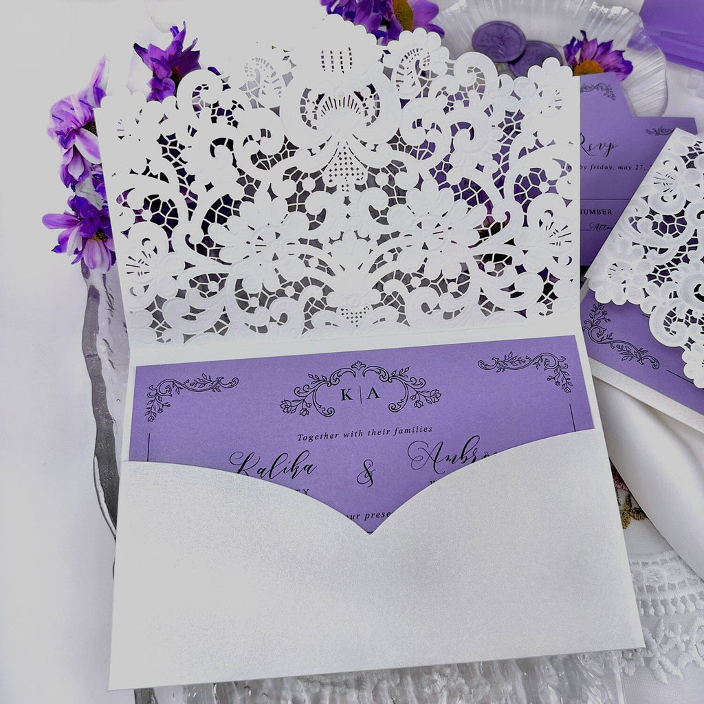 Romantic Purple and White Floral Wedding Invitations, Elegant Lace Laser Cut Pocket Invites, Matched RSVP Wedding Ceremony Supplies Picky Bride 