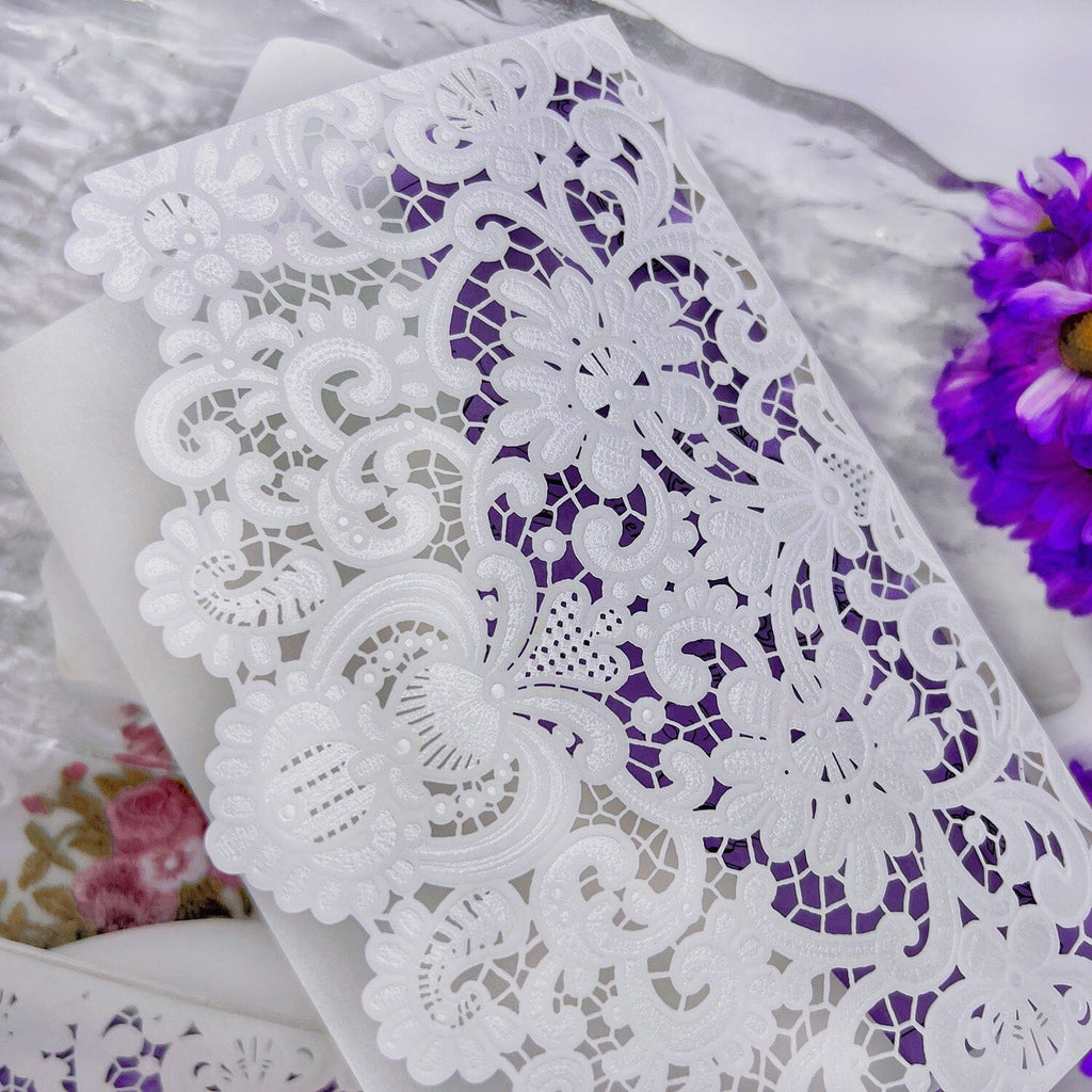 Romantic Purple and White Floral Wedding Invitations, Elegant Lace Laser Cut Pocket Invites, Matched RSVP Wedding Ceremony Supplies Picky Bride 