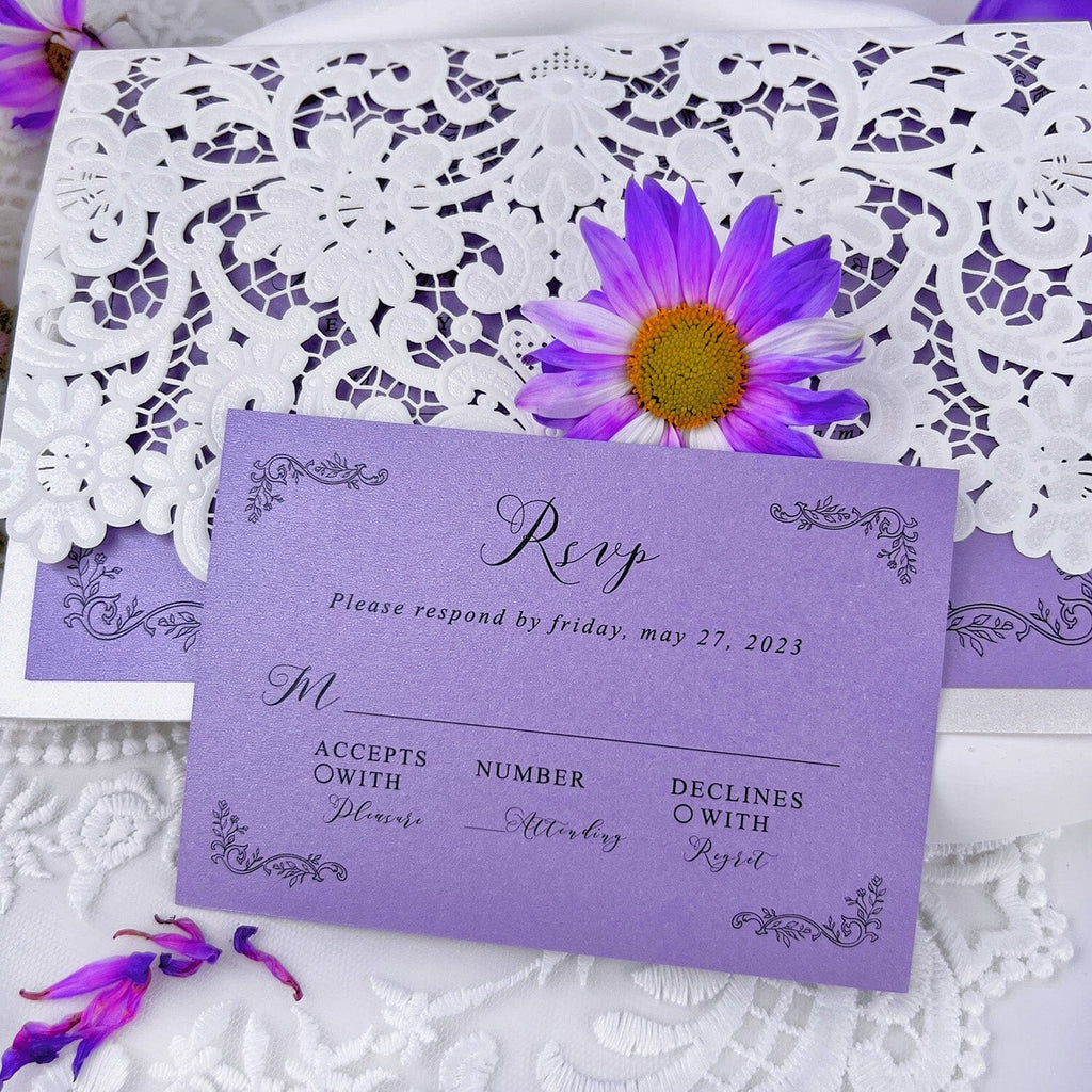 Romantic Purple and White Floral Wedding Invitations, Elegant Lace Laser Cut Pocket Invites, Matched RSVP Wedding Ceremony Supplies Picky Bride 