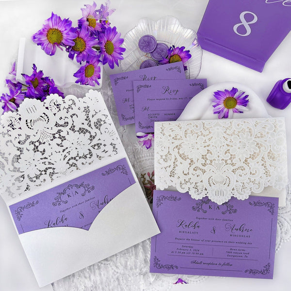 Romantic Purple and White Floral Wedding Invitations, Elegant Lace Laser Cut Pocket Invites, Matched RSVP Wedding Ceremony Supplies Picky Bride 