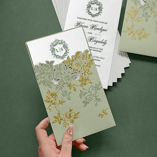 Romantic Sage Green and Gold Wedding Invitations, Spring Rose Laser Cut Pockets Invites, Elegant Handmade Paper with Botanical Monogram, QR Code RSVP Wedding Ceremony Supplies Picky Bride 