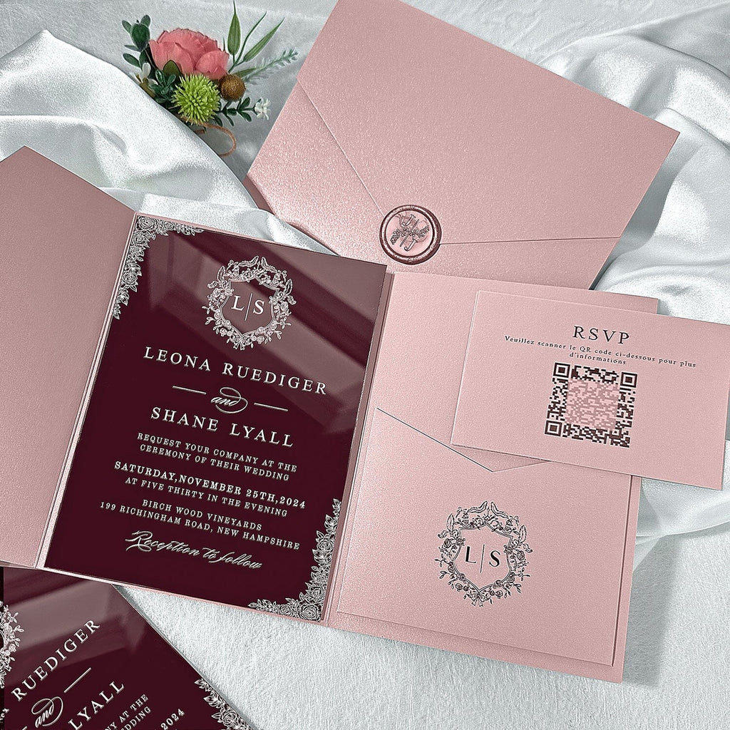 Rose Gold Mirror Acrylic Wedding Invitations, Elegant Blush Pink Pocket Wedding Invites with QR Code RSVP, Personalized Monogram and Wax Seal Wedding Ceremony Supplies Picky Bride 