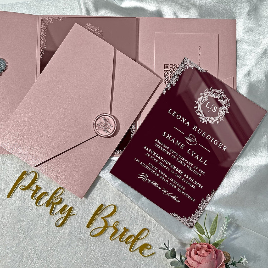 Rose Gold Mirror Acrylic Wedding Invitations, Elegant Blush Pink Pocket Wedding Invites with QR Code RSVP, Personalized Monogram and Wax Seal Wedding Ceremony Supplies Picky Bride 