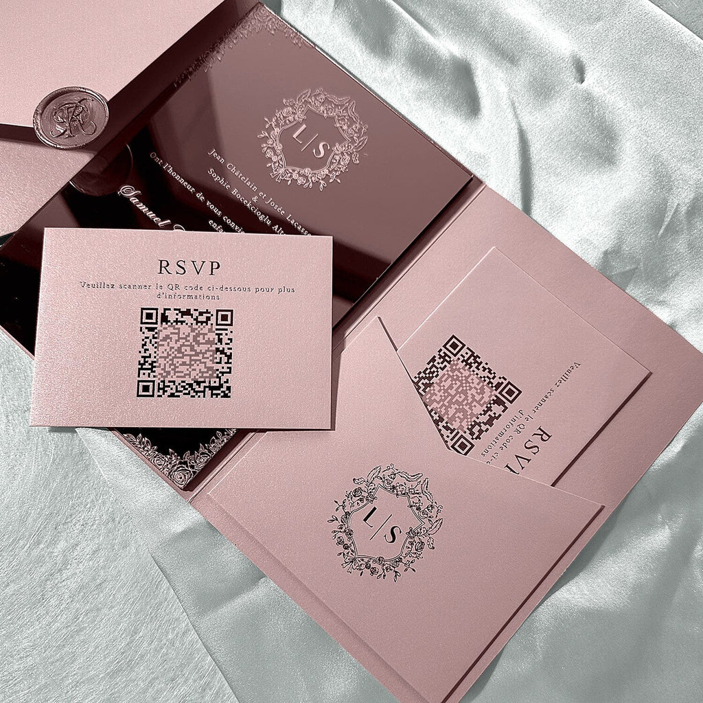 Rose Gold Mirror Acrylic Wedding Invitations, Elegant Blush Pink Pocket Wedding Invites with QR Code RSVP, Personalized Monogram and Wax Seal Wedding Ceremony Supplies Picky Bride 
