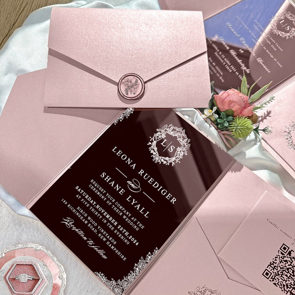 Rose Gold Mirror Acrylic Wedding Invitations, Elegant Blush Pink Pocket Wedding Invites with QR Code RSVP, Personalized Monogram and Wax Seal Wedding Ceremony Supplies Picky Bride 