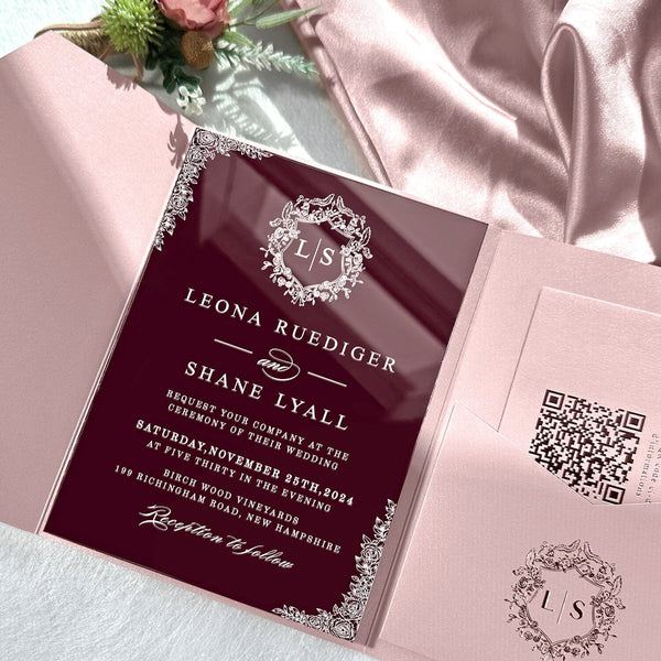 Rose Gold Mirror Acrylic Wedding Invitations, Elegant Blush Pink Pocket Wedding Invites with QR Code RSVP, Personalized Monogram and Wax Seal Wedding Ceremony Supplies Picky Bride 