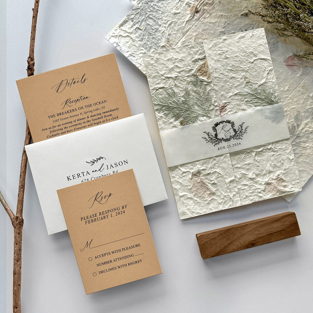 Rustic Botanical and Kraft Wedding Invitations, Romantic Handmade Petal Wrap Invites, Personalized monogram wedding Invitation and Matched Cards Wedding Ceremony Supplies Picky Bride 