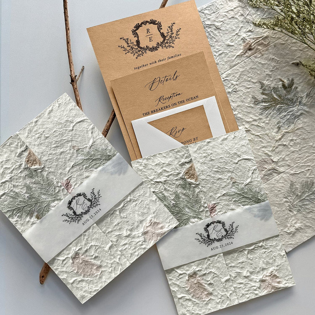 Rustic Botanical and Kraft Wedding Invitations, Romantic Handmade Petal Wrap Invites, Personalized monogram wedding Invitation and Matched Cards Wedding Ceremony Supplies Picky Bride 