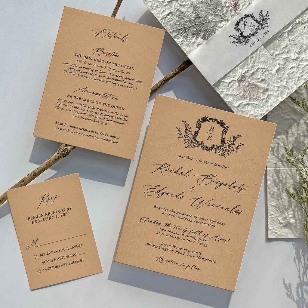 Rustic Botanical and Kraft Wedding Invitations, Romantic Handmade Petal Wrap Invites, Personalized monogram wedding Invitation and Matched Cards Wedding Ceremony Supplies Picky Bride 