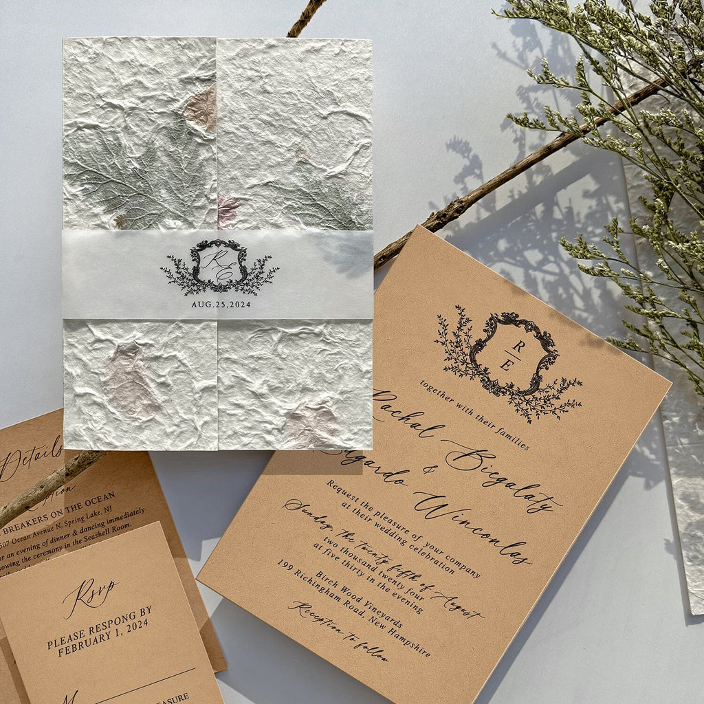 Rustic Botanical and Kraft Wedding Invitations, Romantic Handmade Petal Wrap Invites, Personalized monogram wedding Invitation and Matched Cards Wedding Ceremony Supplies Picky Bride 