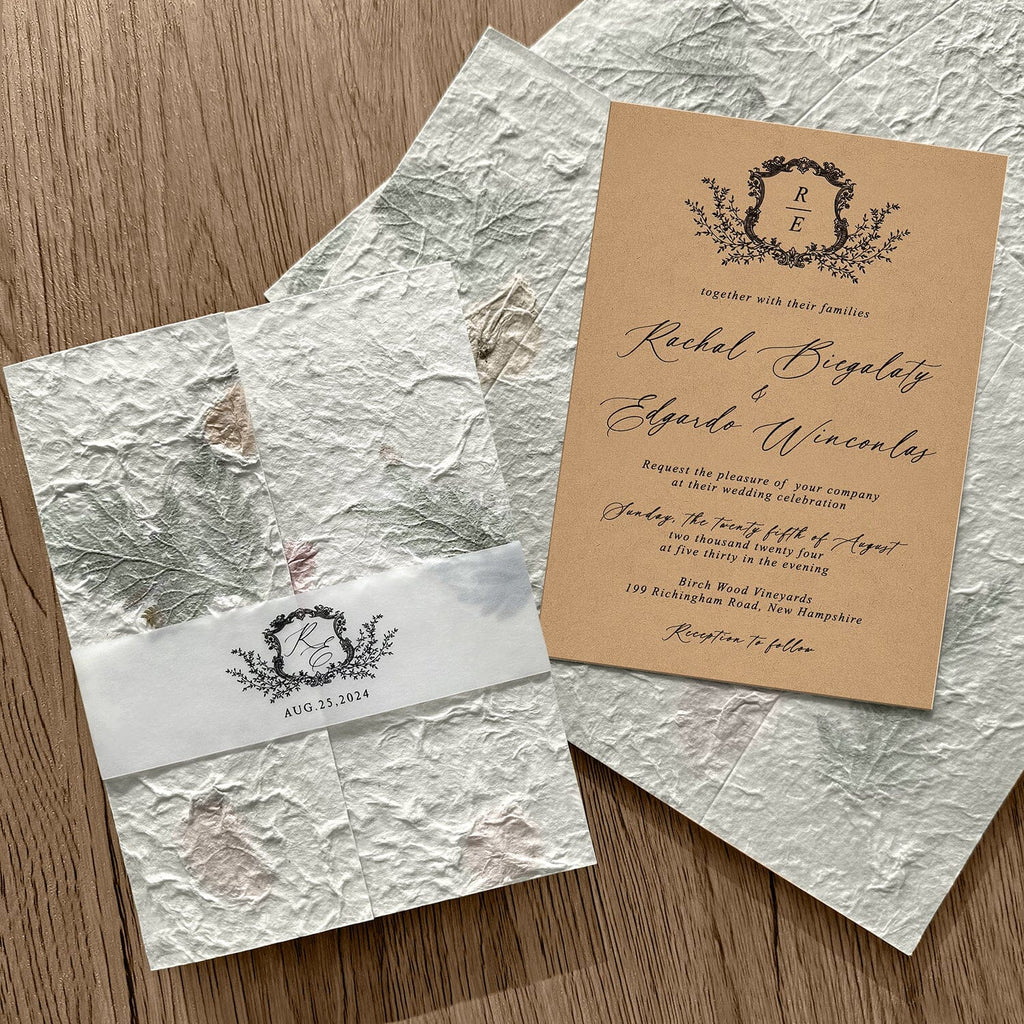 Rustic Botanical and Kraft Wedding Invitations, Romantic Handmade Petal Wrap Invites, Personalized monogram wedding Invitation and Matched Cards Wedding Ceremony Supplies Picky Bride 