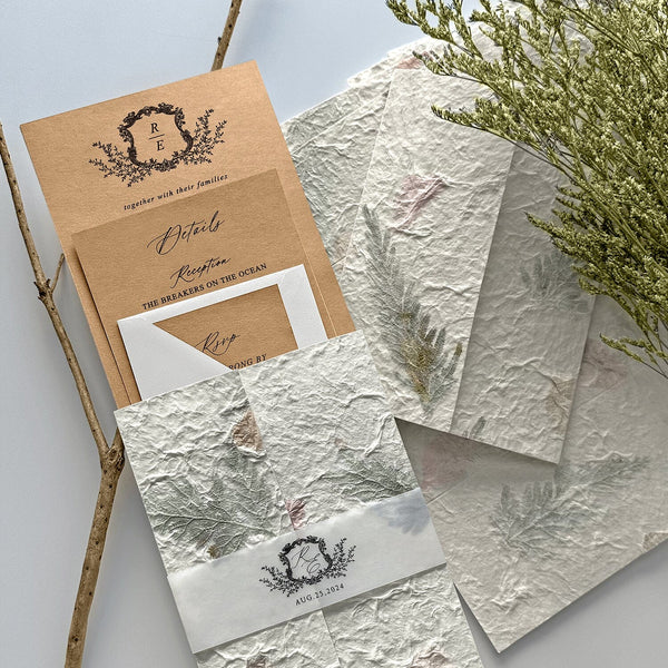 Rustic Botanical and Kraft Wedding Invitations, Romantic Handmade Petal Wrap Invites, Personalized monogram wedding Invitation and Matched Cards Wedding Ceremony Supplies Picky Bride 