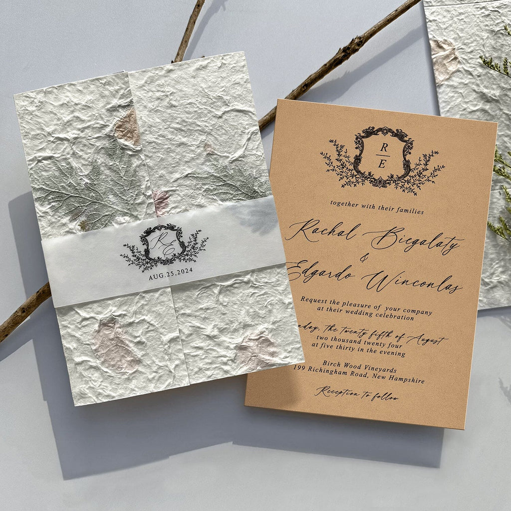 Rustic Botanical and Kraft Wedding Invitations, Romantic Handmade Petal Wrap Invites, Personalized monogram wedding Invitation and Matched Cards Wedding Ceremony Supplies Picky Bride 