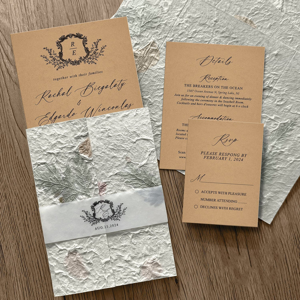 Rustic Botanical and Kraft Wedding Invitations, Romantic Handmade Petal Wrap Invites, Personalized monogram wedding Invitation and Matched Cards Wedding Ceremony Supplies Picky Bride 