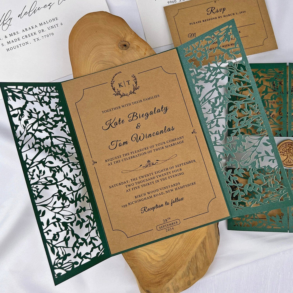 Rustic Dark Green and Kraft Laser Cut Wedding Invitations, Emerald Leaves Mesh Gate Fold Invites, Personalized Gold Wax Seal and Kraft RSVP Wedding Ceremony Supplies Picky Bride 