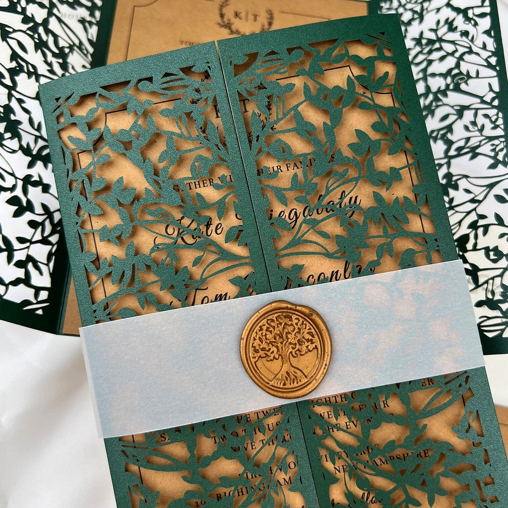 Rustic Dark Green and Kraft Laser Cut Wedding Invitations, Emerald Leaves Mesh Gate Fold Invites, Personalized Gold Wax Seal and Kraft RSVP Wedding Ceremony Supplies Picky Bride 