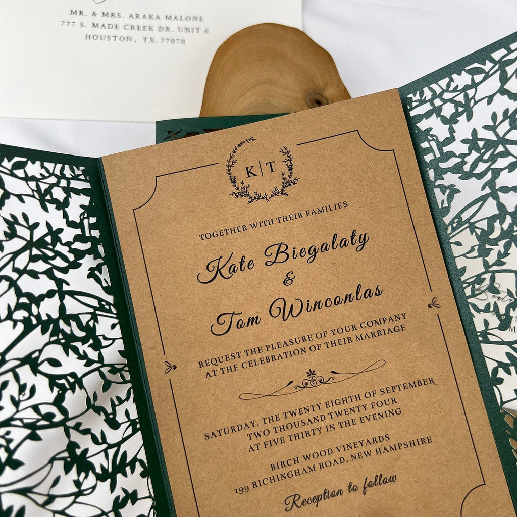 Rustic Dark Green and Kraft Laser Cut Wedding Invitations, Emerald Leaves Mesh Gate Fold Invites, Personalized Gold Wax Seal and Kraft RSVP Wedding Ceremony Supplies Picky Bride 