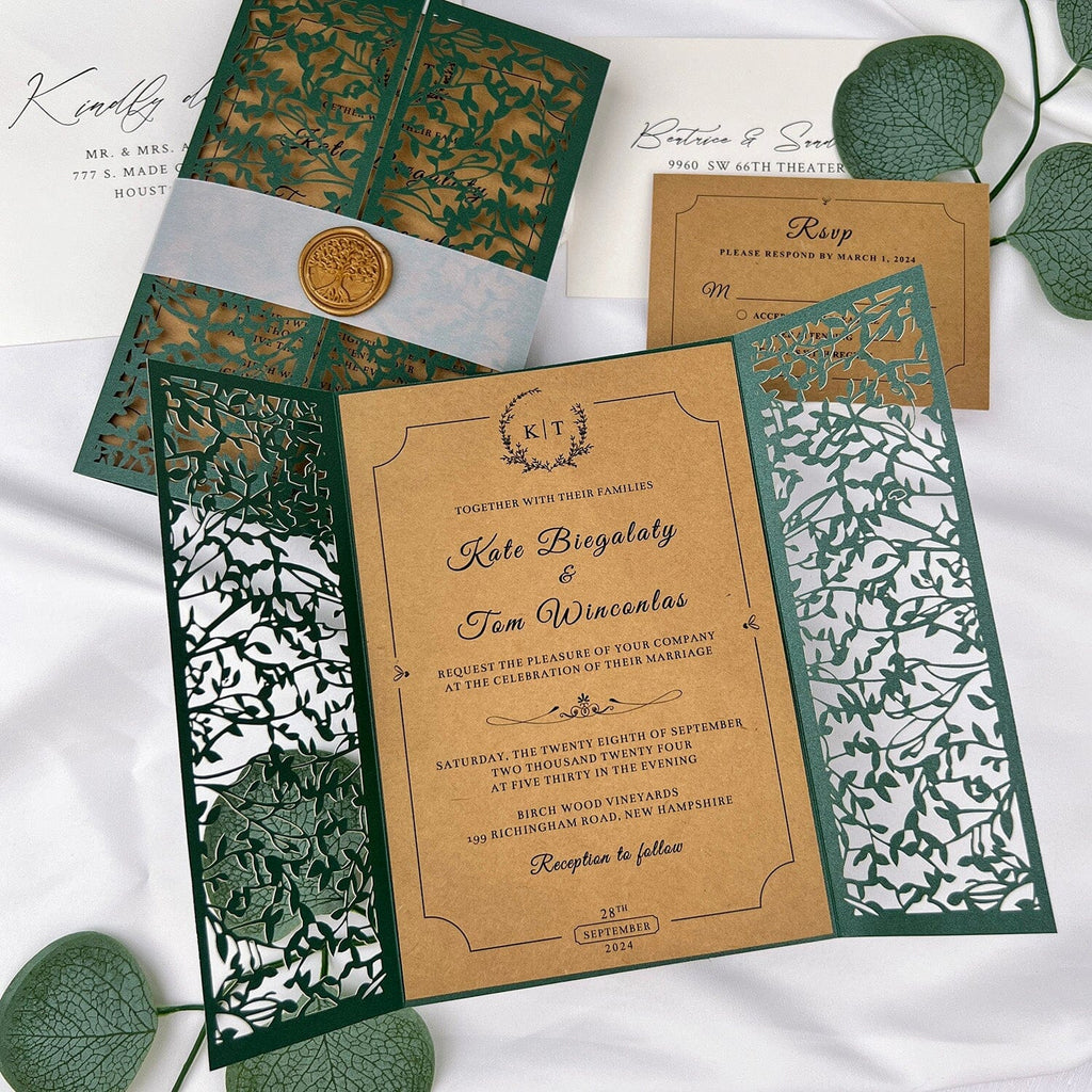 Rustic Dark Green and Kraft Laser Cut Wedding Invitations, Emerald Leaves Mesh Gate Fold Invites, Personalized Gold Wax Seal and Kraft RSVP Wedding Ceremony Supplies Picky Bride 