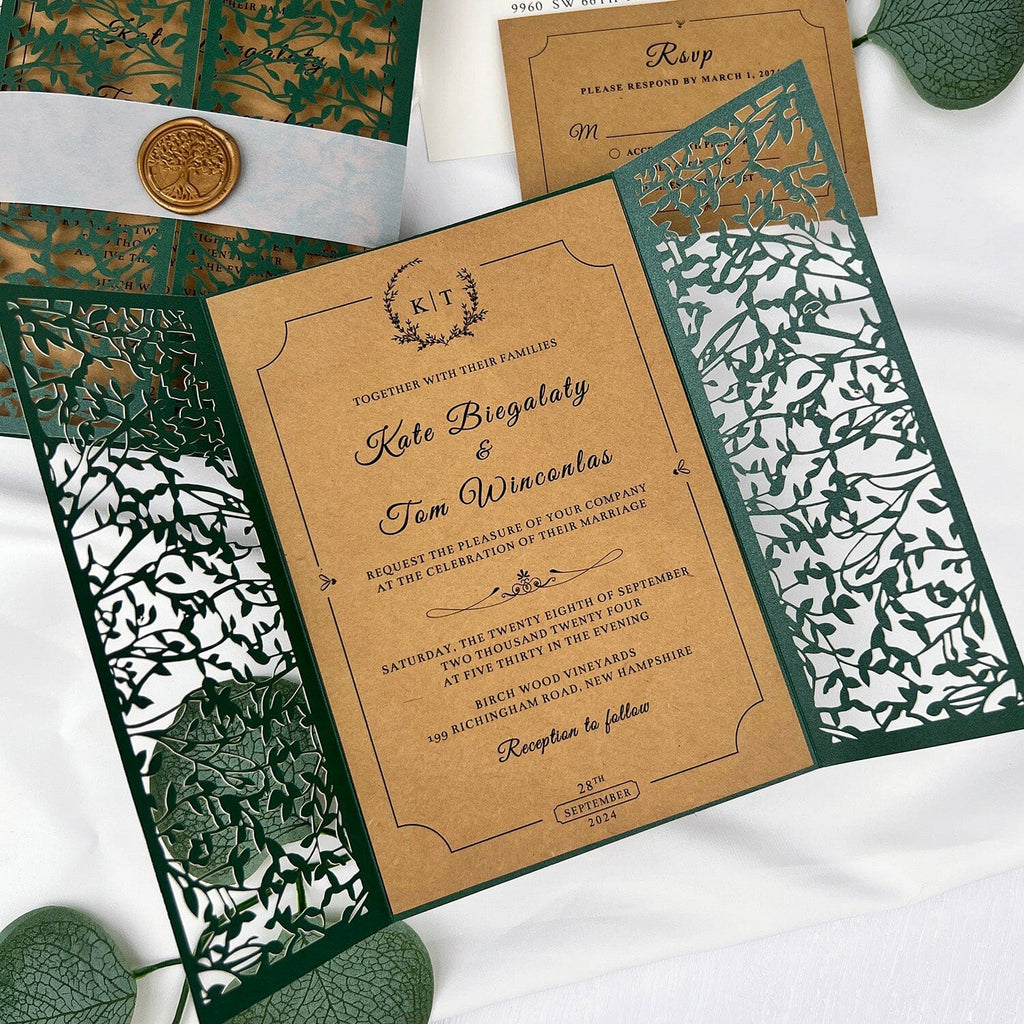 Rustic Dark Green and Kraft Laser Cut Wedding Invitations, Emerald Leaves Mesh Gate Fold Invites, Personalized Gold Wax Seal and Kraft RSVP Wedding Ceremony Supplies Picky Bride 