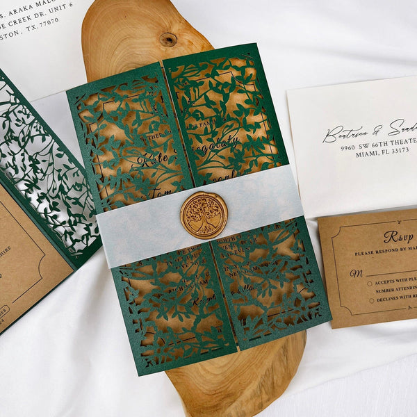 Rustic Dark Green and Kraft Laser Cut Wedding Invitations, Emerald Leaves Mesh Gate Fold Invites, Personalized Gold Wax Seal and Kraft RSVP Wedding Ceremony Supplies Picky Bride 