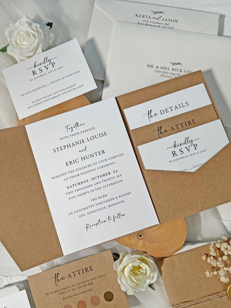 Rustic Kraft Pocket Wedding Invitation Set, Handmade Botanical Invites with Wax Seals, Matching RSVP and Detail Cards Wedding Ceremony Supplies Picky Bride 