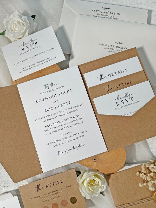 Rustic Kraft Pocket Wedding Invitation Set, Handmade Botanical Invites with Wax Seals, Matching RSVP and Detail Cards Wedding Ceremony Supplies Picky Bride 