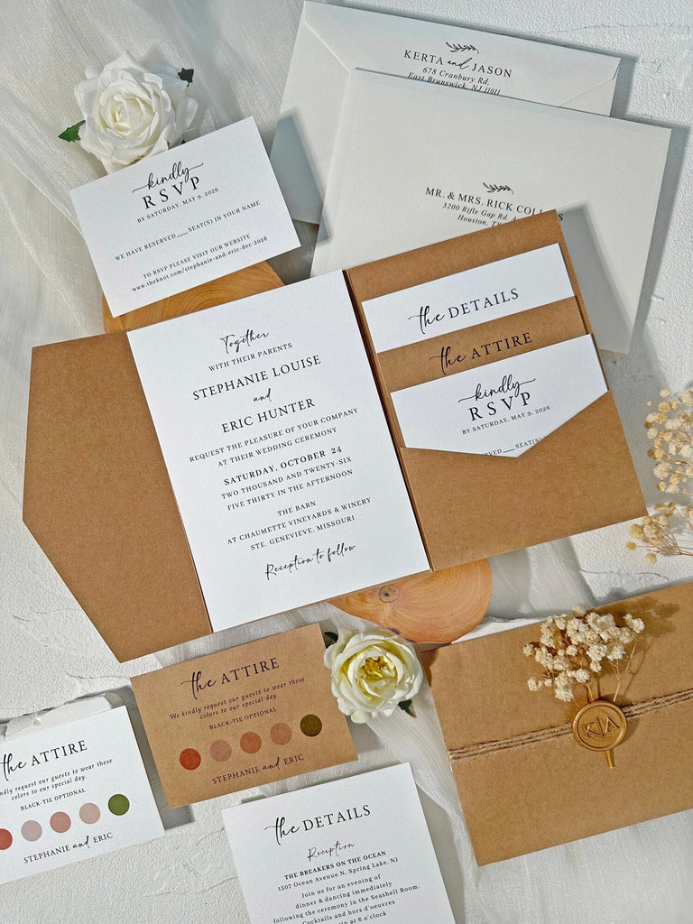 Rustic Kraft Pocket Wedding Invitation Set, Handmade Botanical Invites with Wax Seals, Matching RSVP and Detail Cards Wedding Ceremony Supplies Picky Bride 