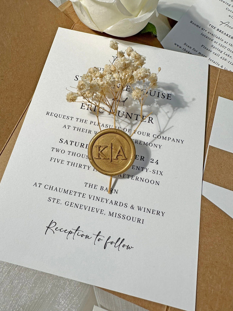 Rustic Kraft Pocket Wedding Invitation Set, Handmade Botanical Invites with Wax Seals, Matching RSVP and Detail Cards Wedding Ceremony Supplies Picky Bride 