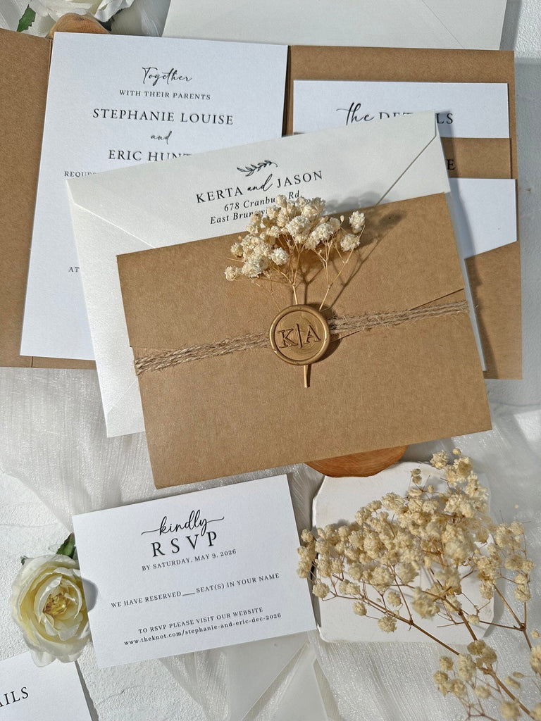 Rustic Kraft Pocket Wedding Invitation Set, Handmade Botanical Invites with Wax Seals, Matching RSVP and Detail Cards Wedding Ceremony Supplies Picky Bride 