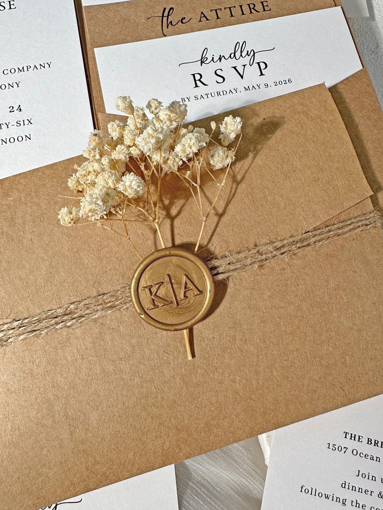 Rustic Kraft Pocket Wedding Invitation Set, Handmade Botanical Invites with Wax Seals, Matching RSVP and Detail Cards Wedding Ceremony Supplies Picky Bride 