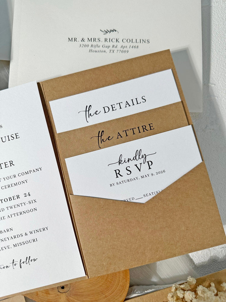 Rustic Kraft Pocket Wedding Invitation Set, Handmade Botanical Invites with Wax Seals, Matching RSVP and Detail Cards Wedding Ceremony Supplies Picky Bride 