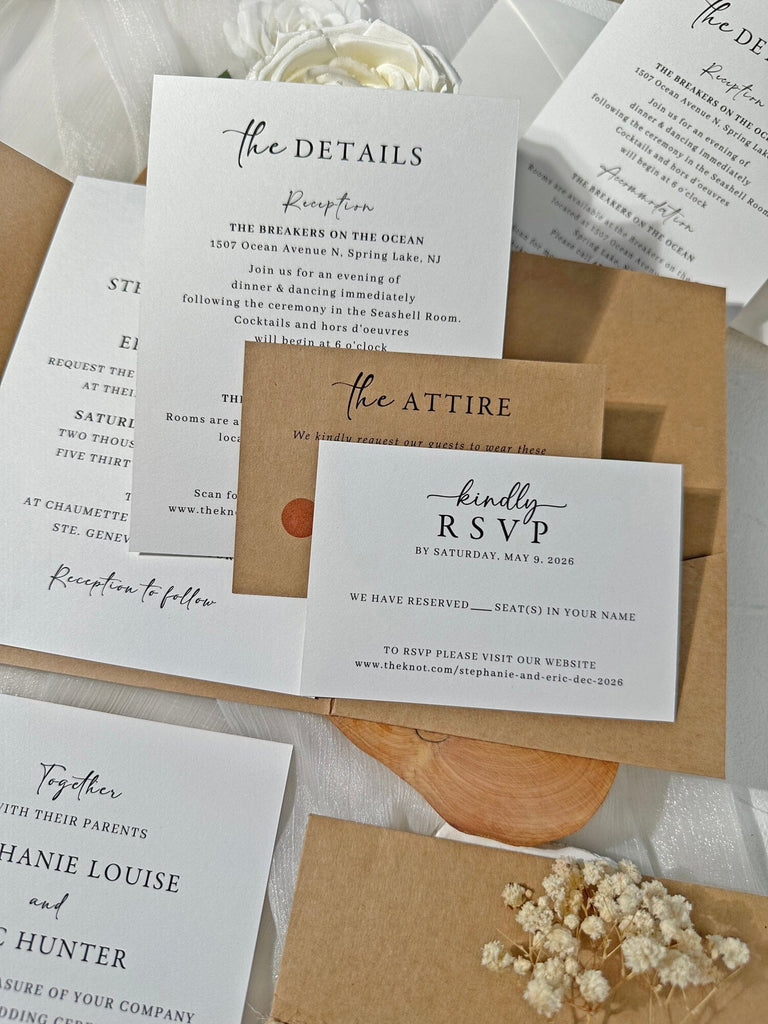 Rustic Kraft Pocket Wedding Invitation Set, Handmade Botanical Invites with Wax Seals, Matching RSVP and Detail Cards Wedding Ceremony Supplies Picky Bride 