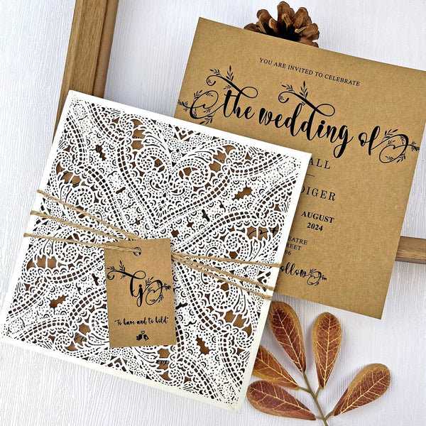 Rustic Lace Wedding Invitations, Elegant Laser Cut Kraft Wedding Invites, Ivory Four Fold Wedding Invitation with Monogram Name Tag Wedding Ceremony Supplies Picky Bride 