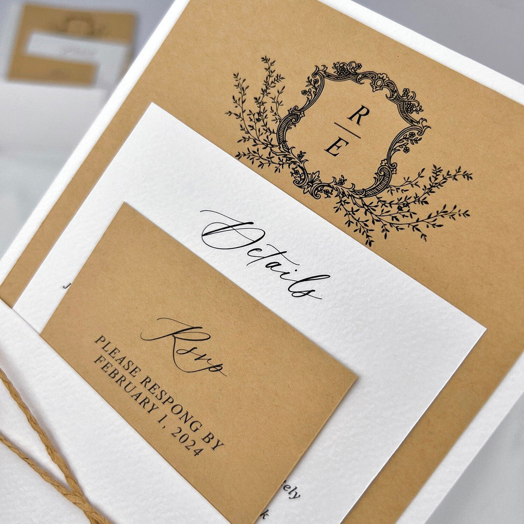 Rustic Neutral Brown and Ivory Wedding Invitations, Minimalist White Pocket and Kraft Invites, Personalized Monogram and Matched Cards Wedding Ceremony Supplies Picky Bride 