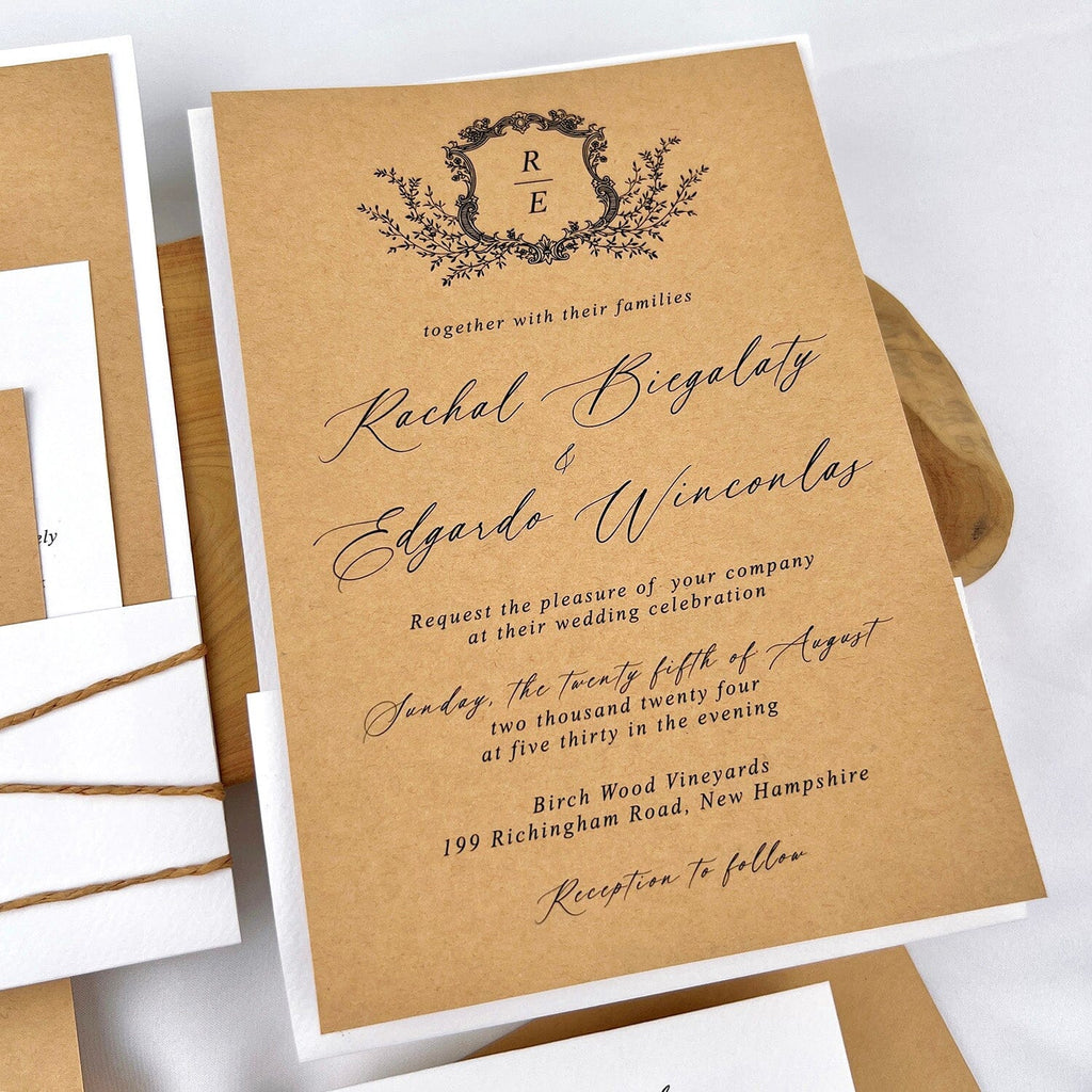 Rustic Neutral Brown and Ivory Wedding Invitations, Minimalist White Pocket and Kraft Invites, Personalized Monogram and Matched Cards Wedding Ceremony Supplies Picky Bride 
