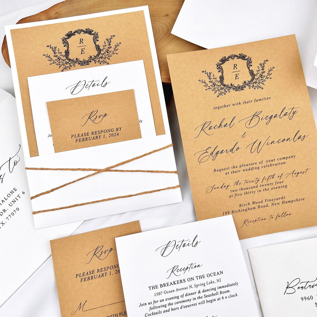 Rustic Neutral Brown and Ivory Wedding Invitations, Minimalist White Pocket and Kraft Invites, Personalized Monogram and Matched Cards Wedding Ceremony Supplies Picky Bride 