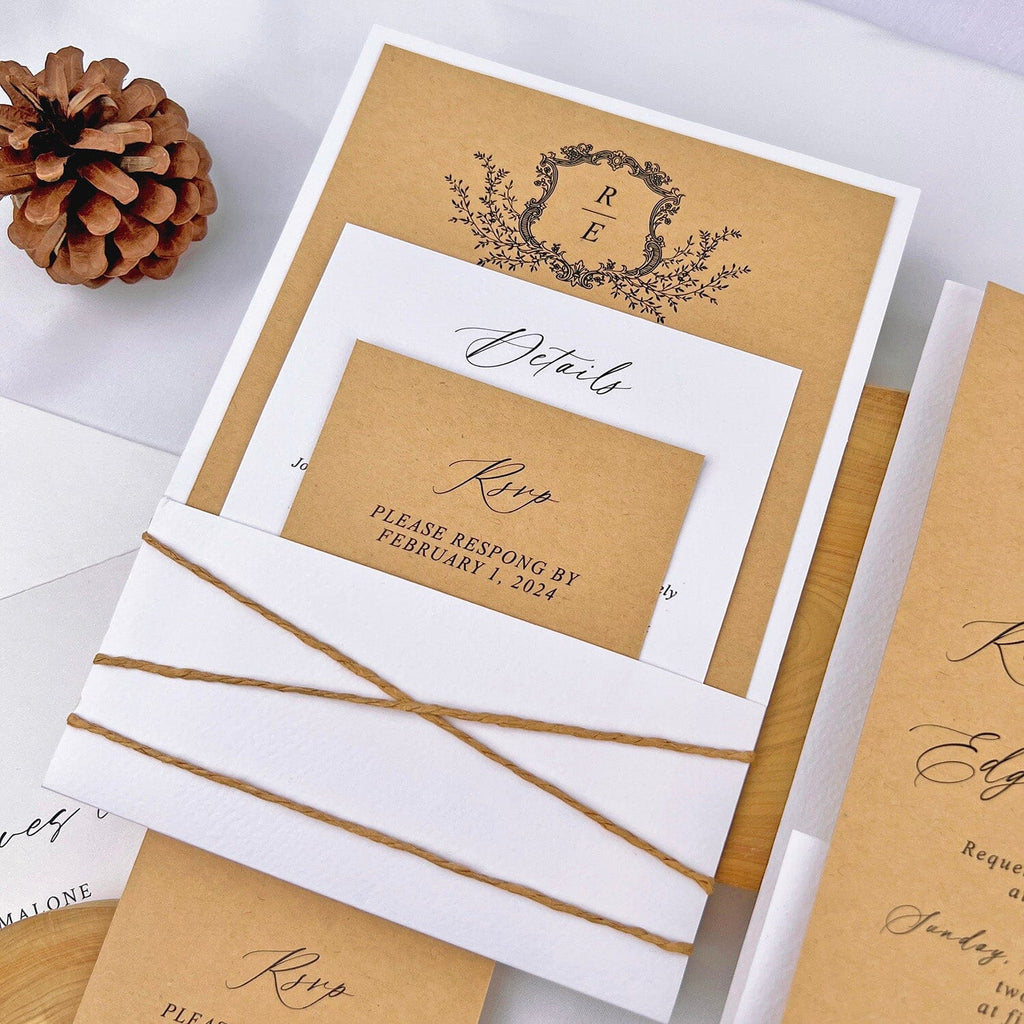 Rustic Neutral Brown and Ivory Wedding Invitations, Minimalist White Pocket and Kraft Invites, Personalized Monogram and Matched Cards Wedding Ceremony Supplies Picky Bride 