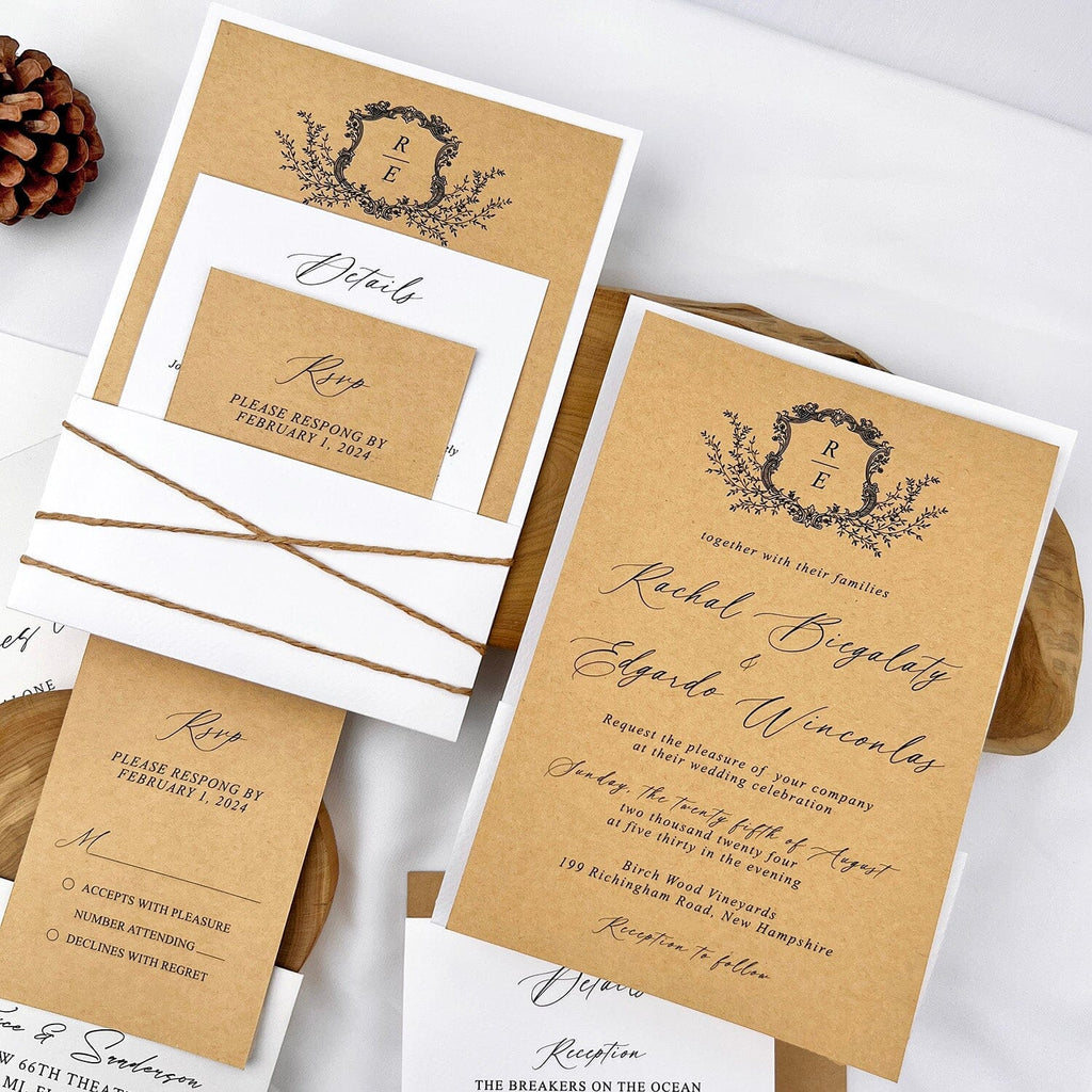 Rustic Neutral Brown and Ivory Wedding Invitations, Minimalist White Pocket and Kraft Invites, Personalized Monogram and Matched Cards Wedding Ceremony Supplies Picky Bride 
