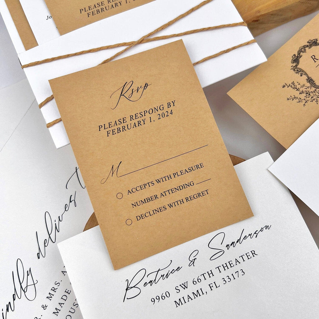 Rustic Neutral Brown and Ivory Wedding Invitations, Minimalist White Pocket and Kraft Invites, Personalized Monogram and Matched Cards Wedding Ceremony Supplies Picky Bride 