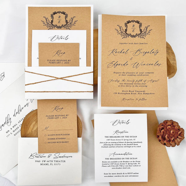 Rustic Neutral Brown and Ivory Wedding Invitations, Minimalist White Pocket and Kraft Invites, Personalized Monogram and Matched Cards Wedding Ceremony Supplies Picky Bride 