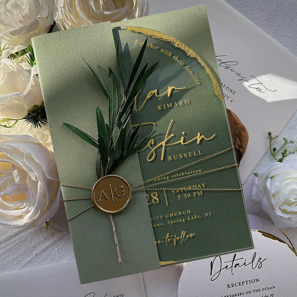 Sage Green and Gold Arch Acrylic Wedding Invitations, Elegant Handmade Botany and Wax Seal Invitation, Botanical Multiple Choice Wedding Ceremony Supplies Picky Bride 