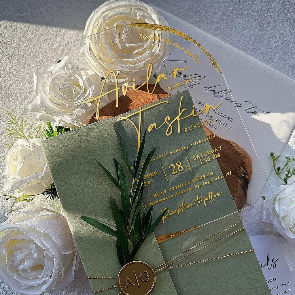 Sage Green and Gold Arch Acrylic Wedding Invitations, Elegant Handmade Botany and Wax Seal Invitation, Botanical Multiple Choice Wedding Ceremony Supplies Picky Bride 