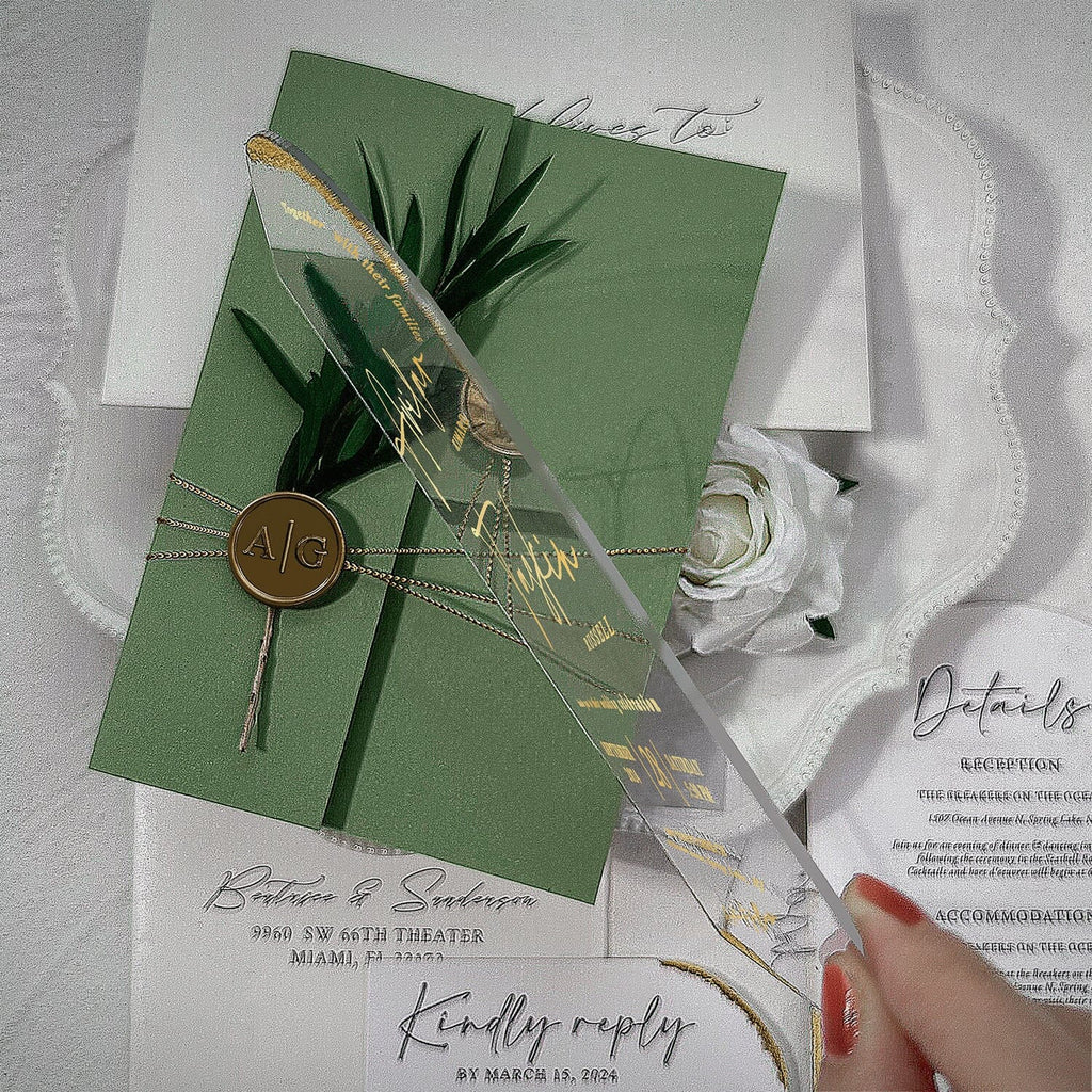 Sage Green and Gold Arch Acrylic Wedding Invitations, Elegant Handmade Botany and Wax Seal Invitation, Botanical Multiple Choice Wedding Ceremony Supplies Picky Bride 
