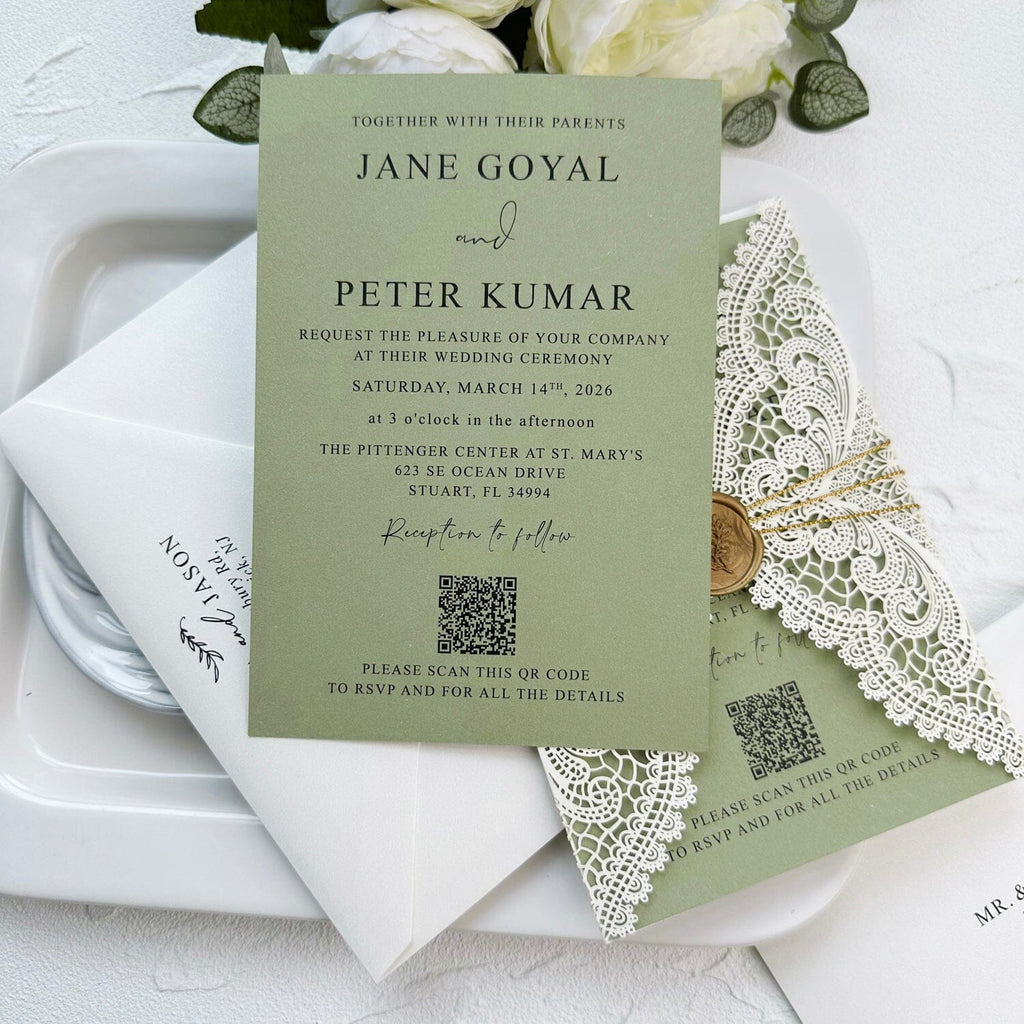 Sage Green and Ivory Lace Wedding Invitations, Elegant Lace Laser Cut Wraps, QR Code Invites, Gold Wax Seal Wedding Ceremony Supplies Picky Bride 